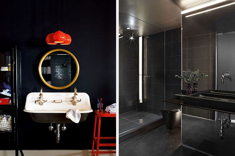 На глубоком черном цвете все элементы ванной комнаты кажутся более сочными
