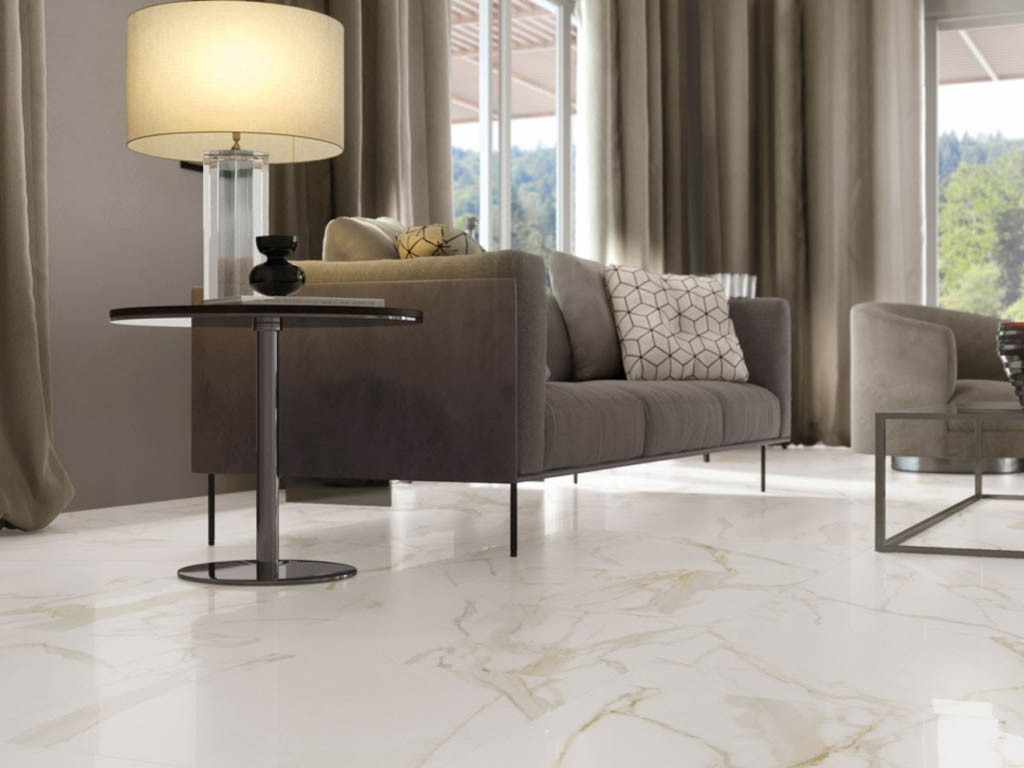 Модель Calacatta из этой же серии Charme Evo Floor, но уже в имитации мрамора антрацитового оттенка.