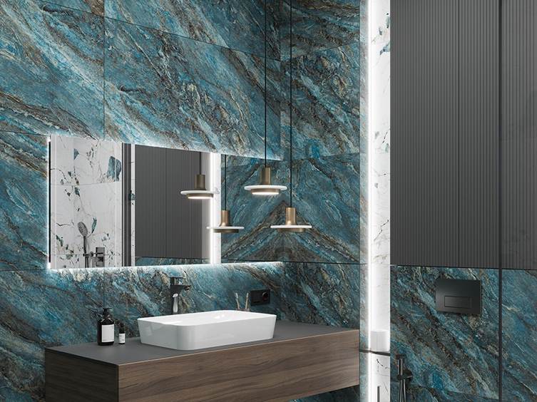плитка под мрамор в синем цвете для ванной комнаты