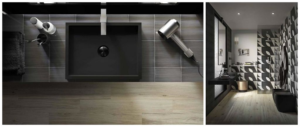 Во второй ванной комнате плитка Scenario Decoro Mix Nero от Marazzi в формате 20 x 20 см гармонично дополнена уложенной на пол плиткой размером 25x150 см из коллекции Treverklfe имитирующей дерево.