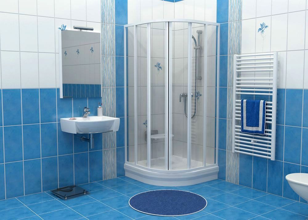 Голубой кафель в отделке ванной комнаты