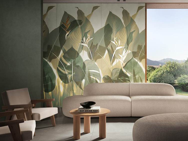 акцентная стена из плитка большого формата в гостиную