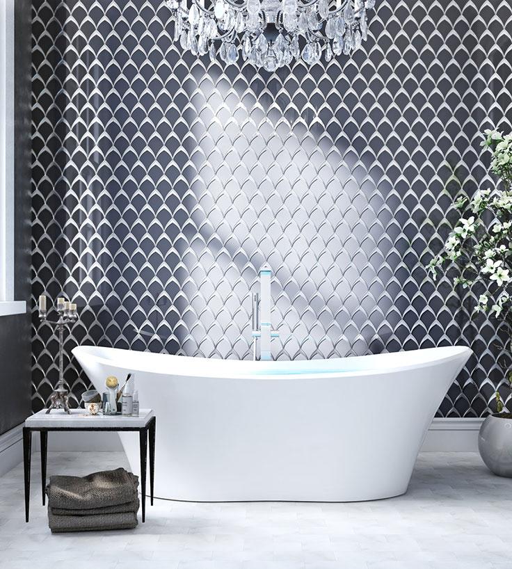 Обратите внимание на стеклянную плитку с узором "рыбья чешуя" (Gray Deco Fan Glass Mosaic), мраморную мозаичную плитку с шестиугольным (или восьмиугольным) рисунком (например, Thassos White Hexagon Marble Mosaic Tile).