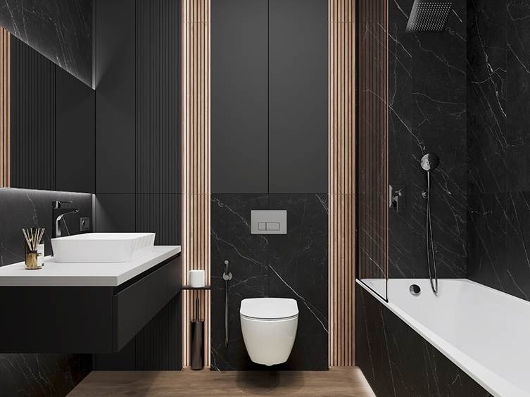 керамогранит для маленькой ванной комнаты в темных тонах