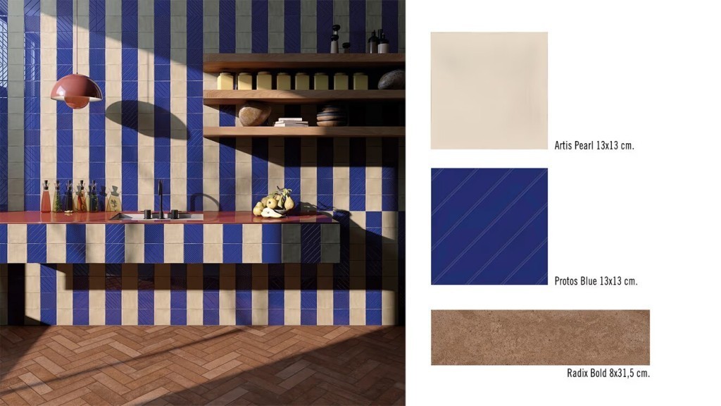 Креативная раскладка квадратной плитки в синюю полоску из коллекции Small Ceramic Tiles Креативная раскладка квадратной плитки в синюю полоску из коллекции Small Ceramic Tiles