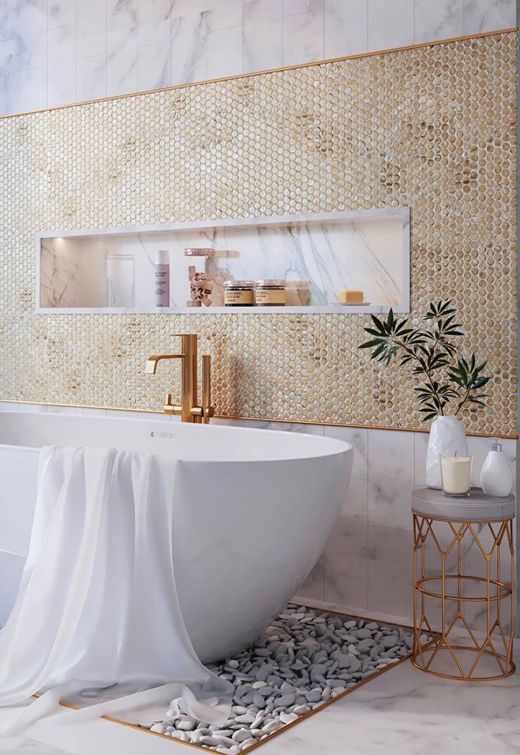 Круглая стеклянная мозаичная плитка Gold Glass Penny Round Mosaic, которая напоминает золотые монеты, поможет создать в ванной комнате роскошную гламурную атмосферу.