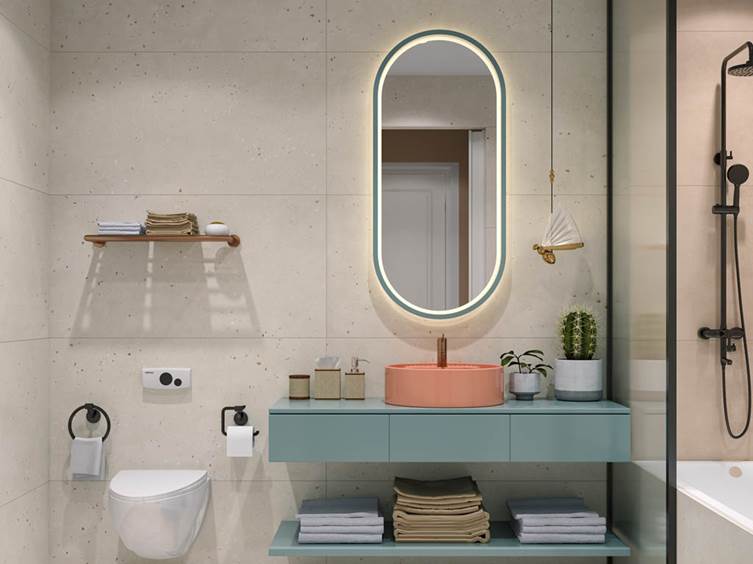 керамогранит с рисунком терраццо для ванной комнаты в светлых тонах