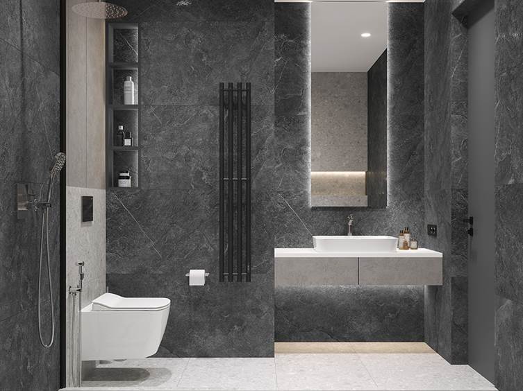 керамогранит в ванную комнату в черных тонах с рисунком под камень