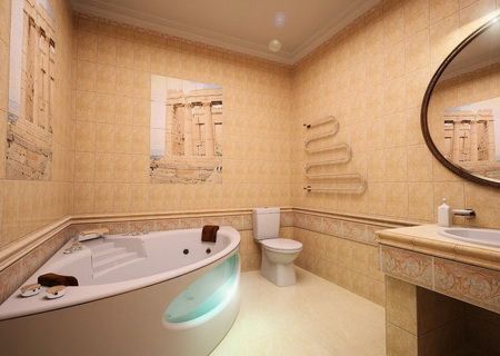 Теплый терракотовый дизайн ванной комнаты.
